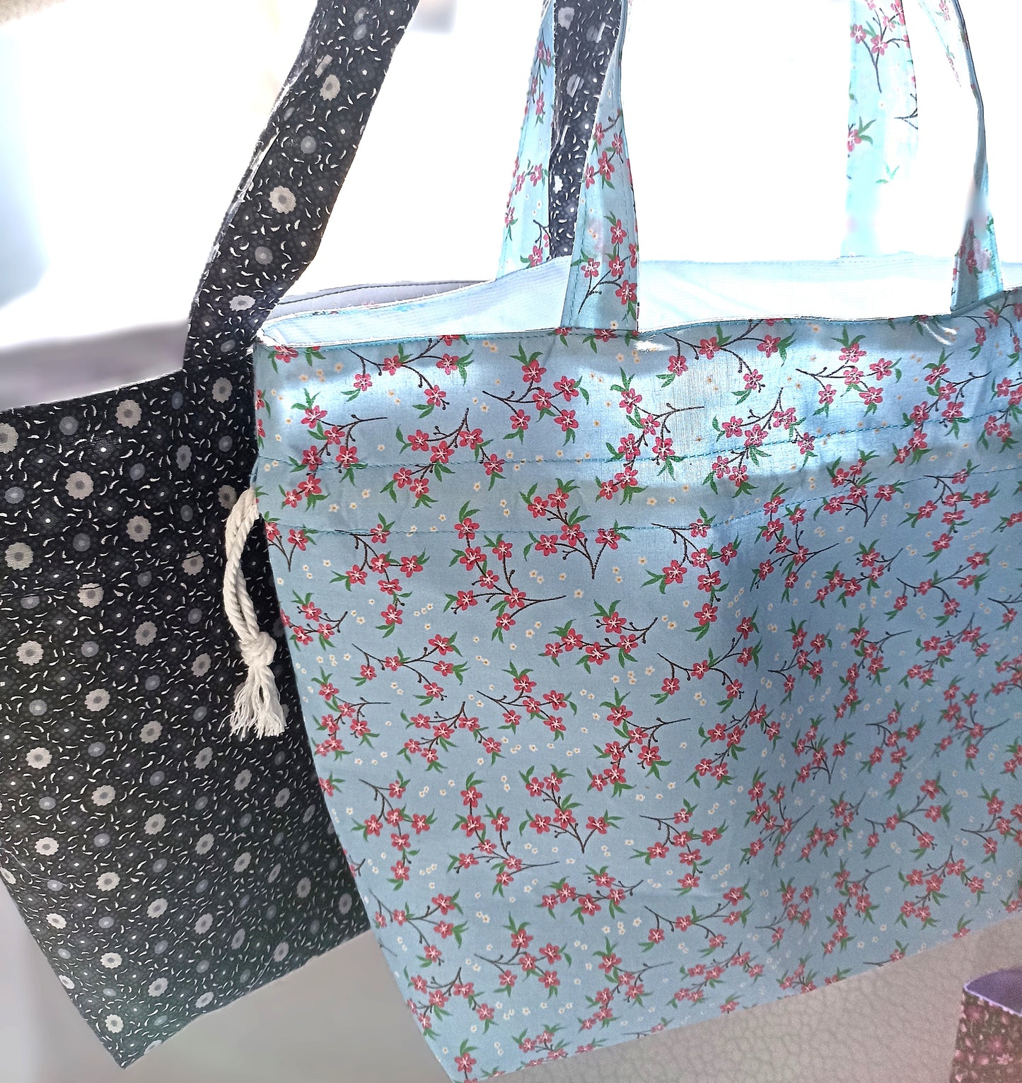 Sky Blue With Red Dainty Flowers Drawstring Bag Unique Durable Gift For Her Sustainable Fashionable Fully Lined With Inside Pocket