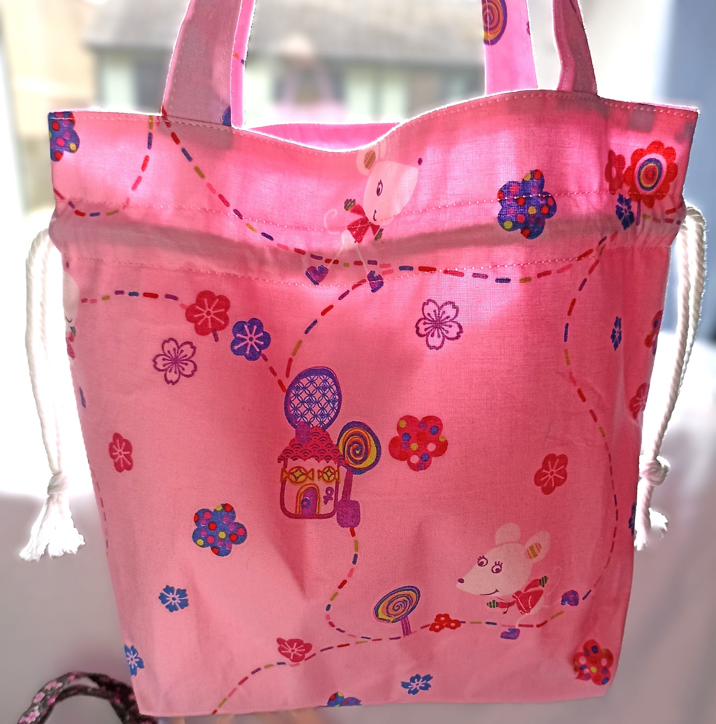 Pink Mouse On A Journey Drawstring Bag Unique Durable Gift For Her Sustainable Fashionable Fully Lined Inside Pocket Child Size Child Gift