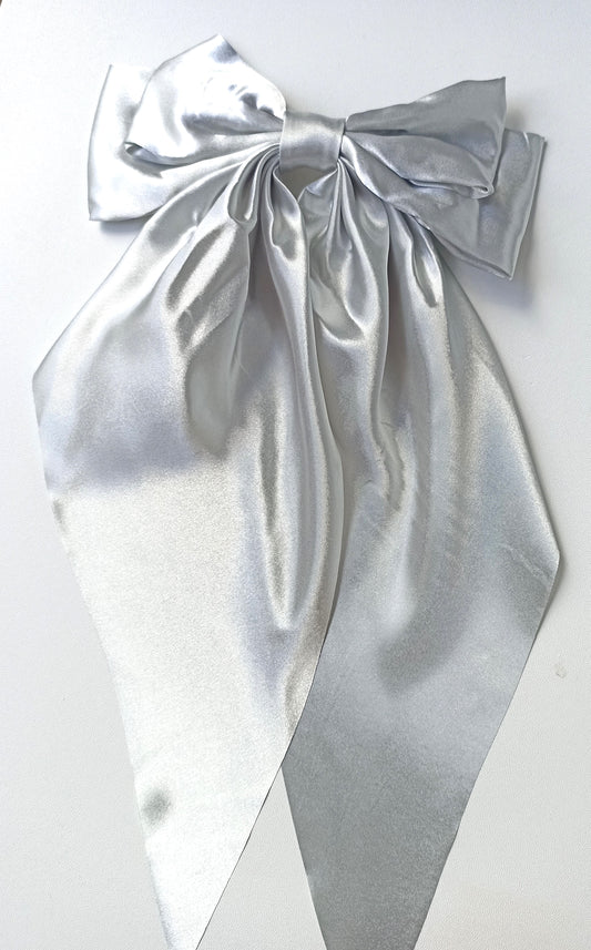 Chrome Silver Oversized Satin Bow Hair Clip