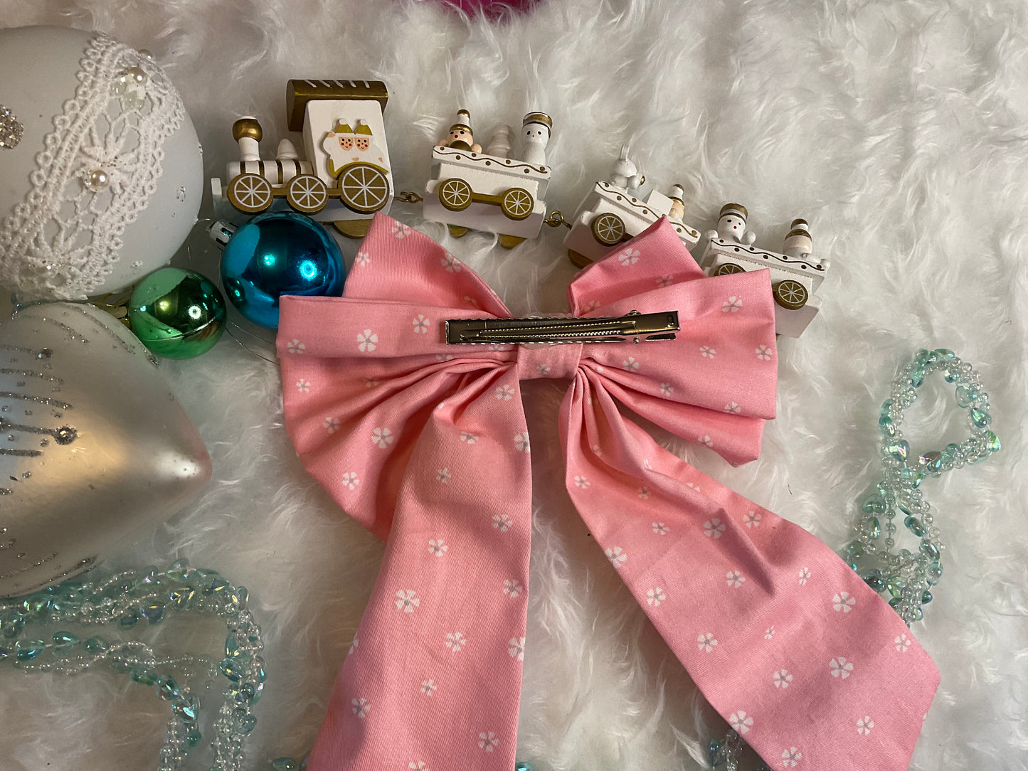 Pink With White Dainty Flowers Bows Hair Bow Clip