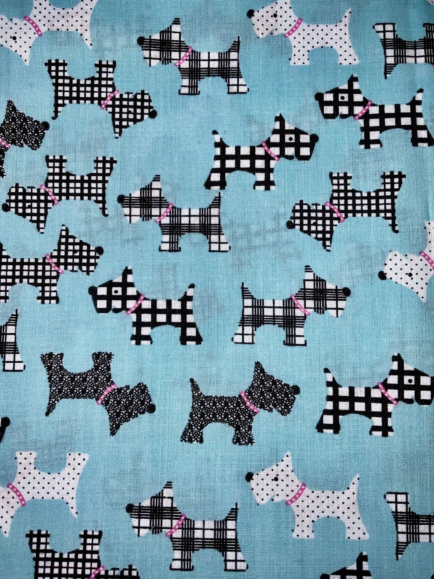 Beautiful light blue, white and black, Scotty Dog print, handmade hair scrunchies.