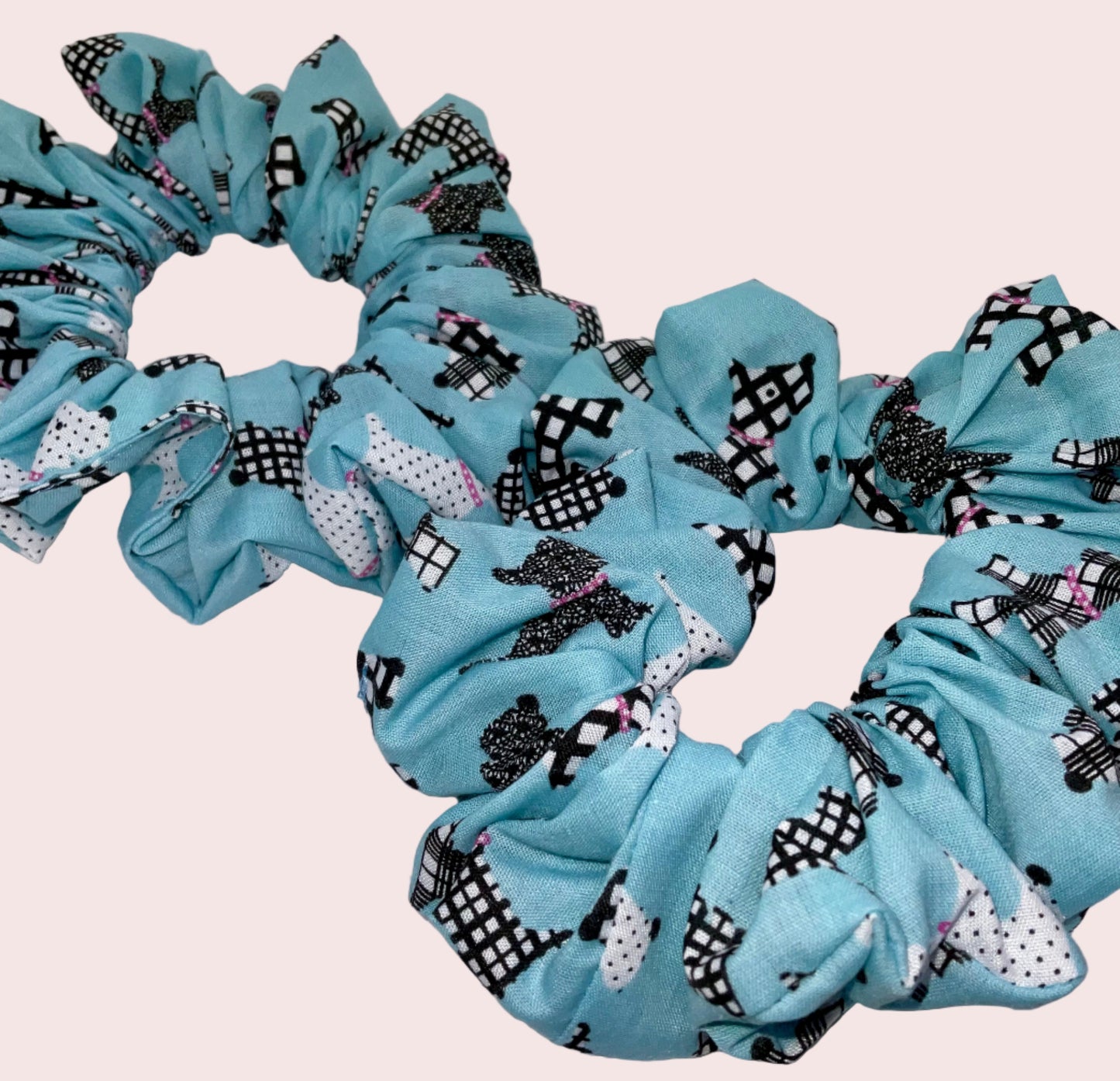 Beautiful light blue, white and black, Scotty Dog print, handmade hair scrunchies.