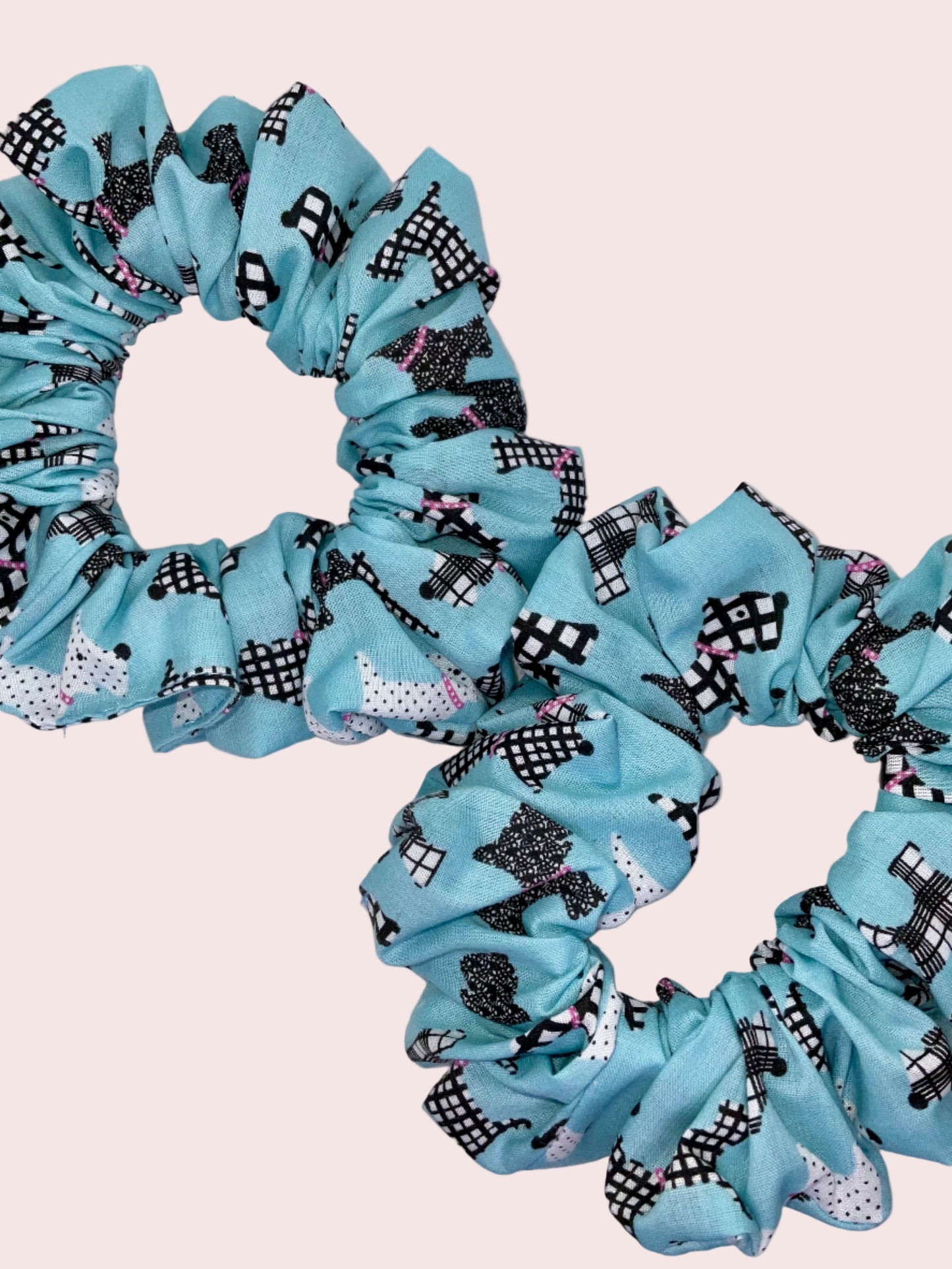 Beautiful light blue, white and black, Scotty Dog print, handmade hair scrunchies.