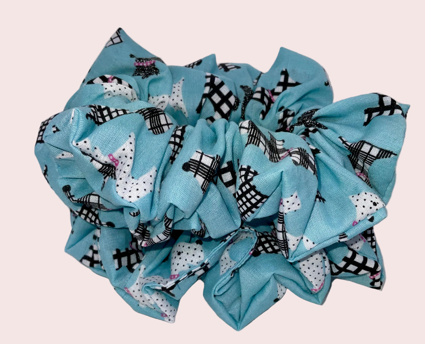 Beautiful light blue, white and black, Scotty Dog print, handmade hair scrunchies.