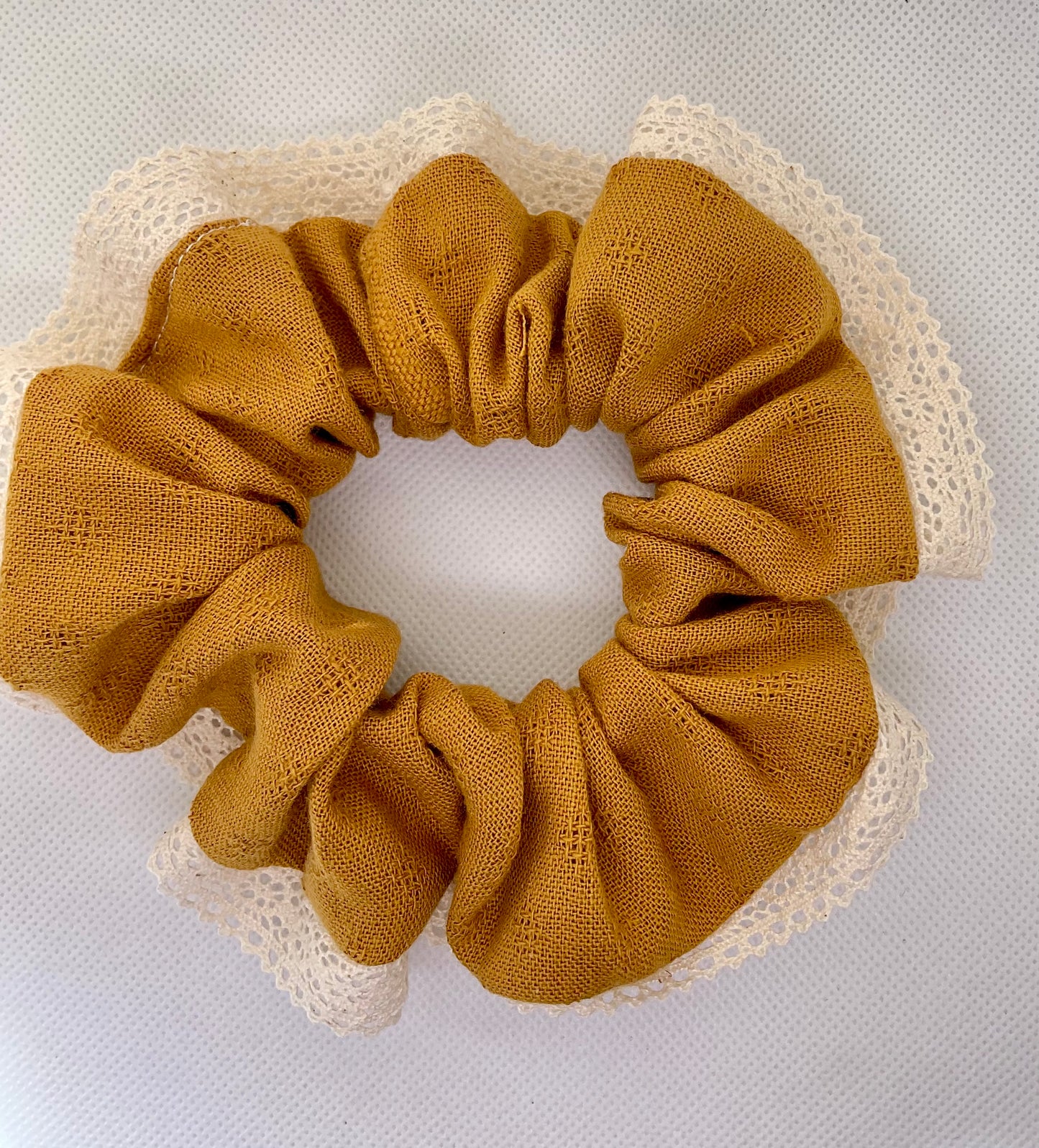Butterscotch Hair Scrunchie With Soft White Lace Trim