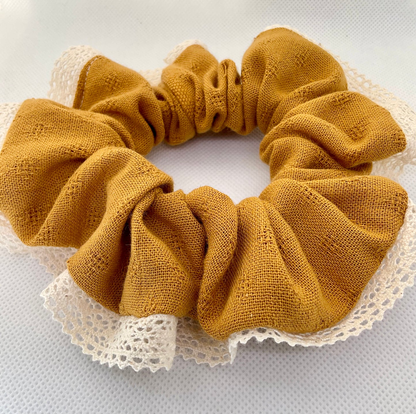 Butterscotch Hair Scrunchie With Soft White Lace Trim