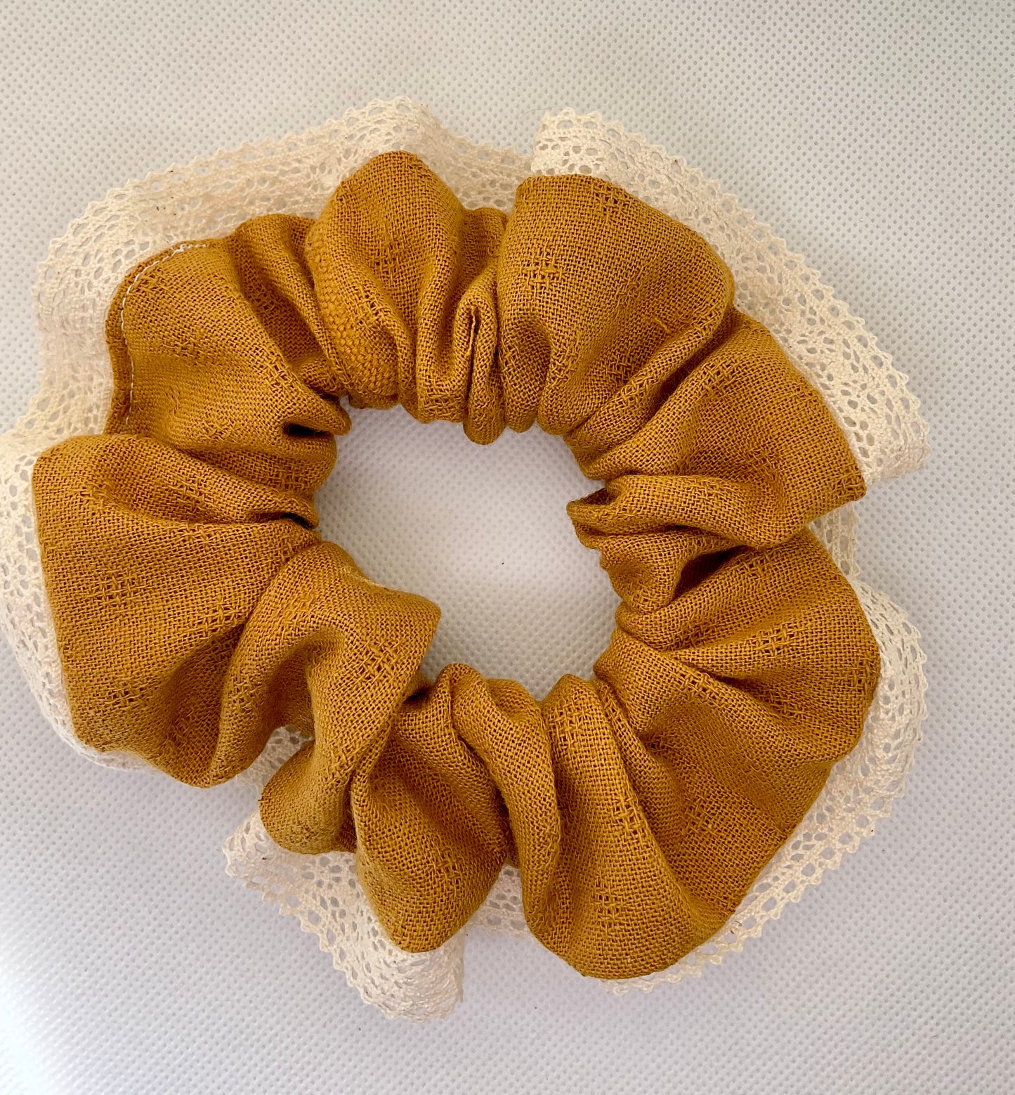 Butterscotch Hair Scrunchie With Soft White Lace Trim