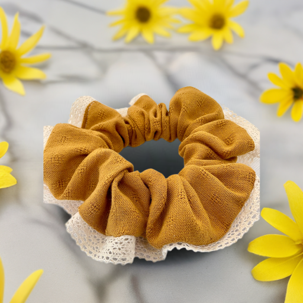 Butterscotch Hair Scrunchie With Soft White Lace Trim