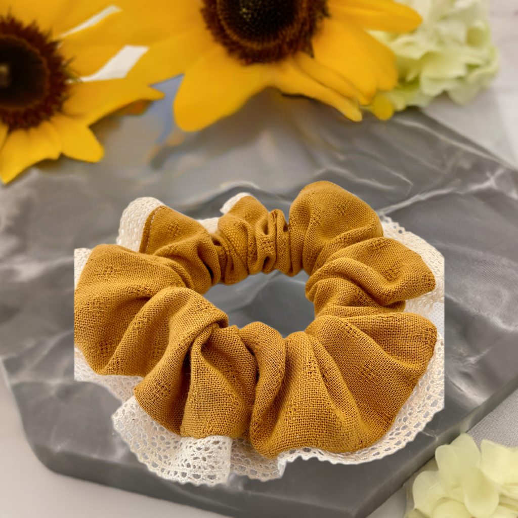 Butterscotch Hair Scrunchie With Soft White Lace Trim