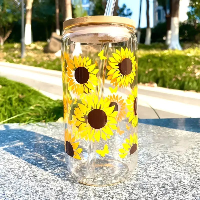 Sunflowers Glassware With Bamboo Lid And Straw And FREE Coaster!